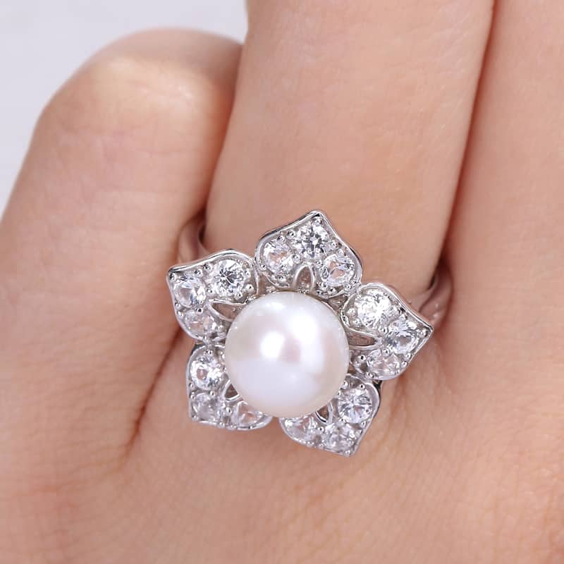 Miadora 8.5-9mm Cultured Freshwater Pearl and 1 1/3ct TGW Created White Sapphire Floral Pearl Ring in Sterling Silver