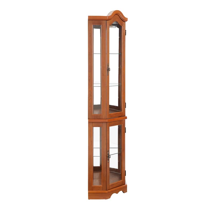 Lighted Corner Curio Cabinet, Freestanding Glass Display Cabinet, Wooden China Cabinet with Tempered Glass Doors & Shelves