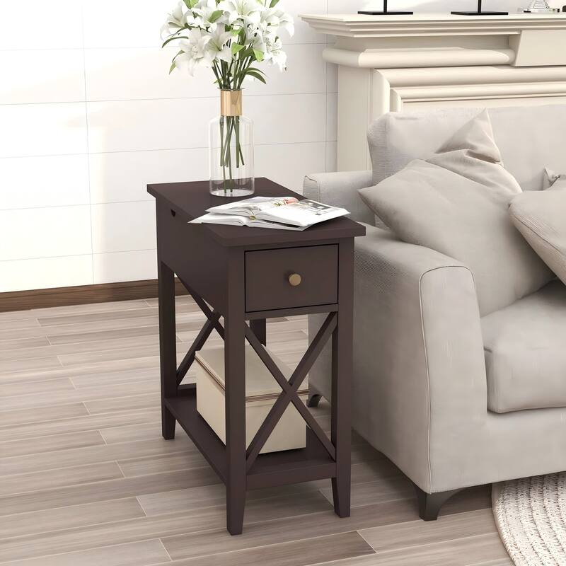 2-Drawer End Table, Flip Top Narrow End Table with Drawer, Accent Small Side Table Nightstand for Small Space - Espresso