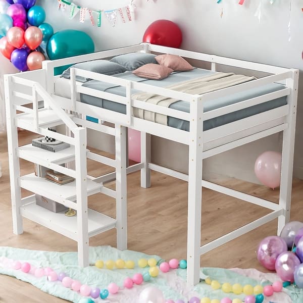 slide 2 of 16, Full Size Loft Bed With Built-in Storage Staircase,Hanger,Shelves for Home White