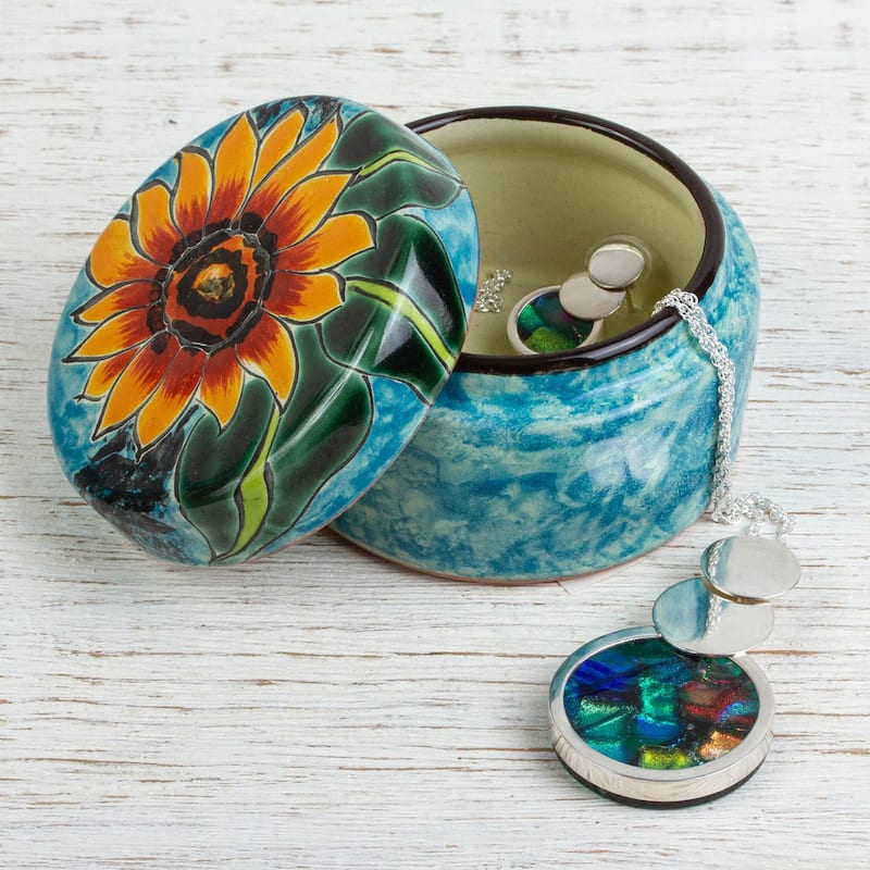 Novica Handmade Brilliant Sunflower Ceramic Jewelry Box