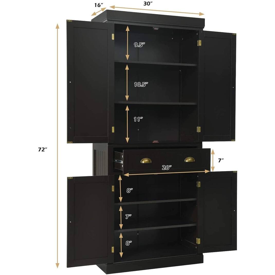 Freestanding Kitchen Pantry Cupboard, 6ft Wood Cupboard with 4 Shelves