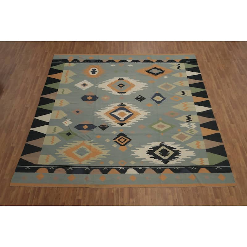 Hand Woven Oriental 100% Wool Carpet Southwestern Tribal Greys & Charcoal Kilim Area Rug - 12' 0'' X 12' 0''