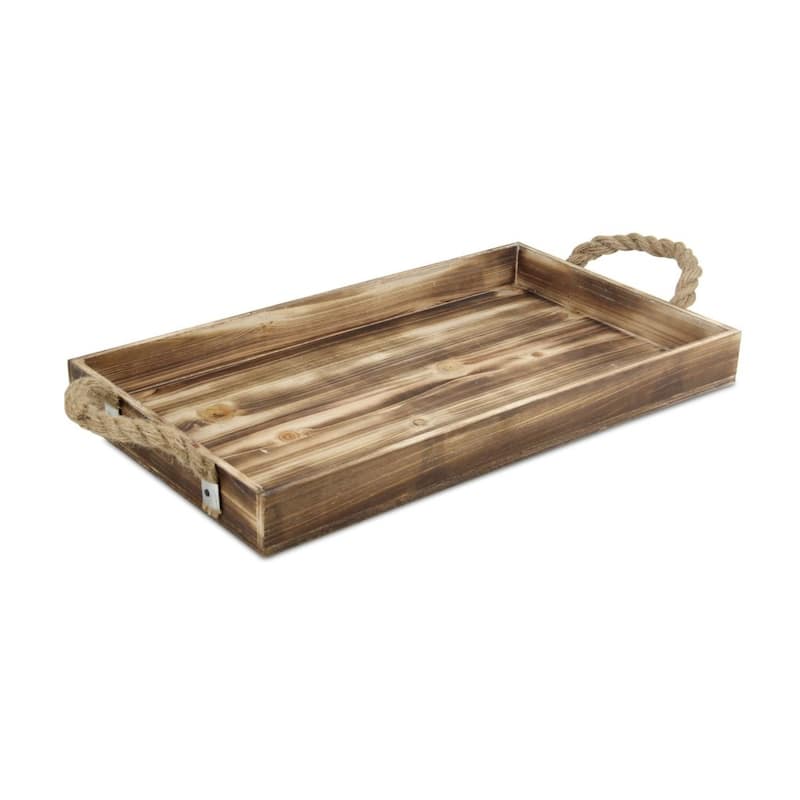 HomeRoots Brown Distressed Wood Handmade Serving Tray With Rope Handles