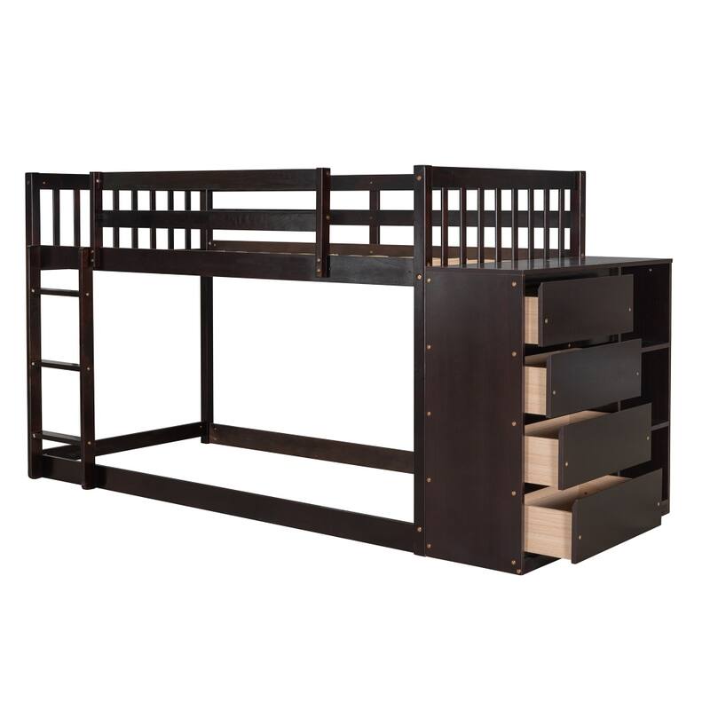 Twin over Twin Bunk Bed with 4 Drawers and 3 Shelves