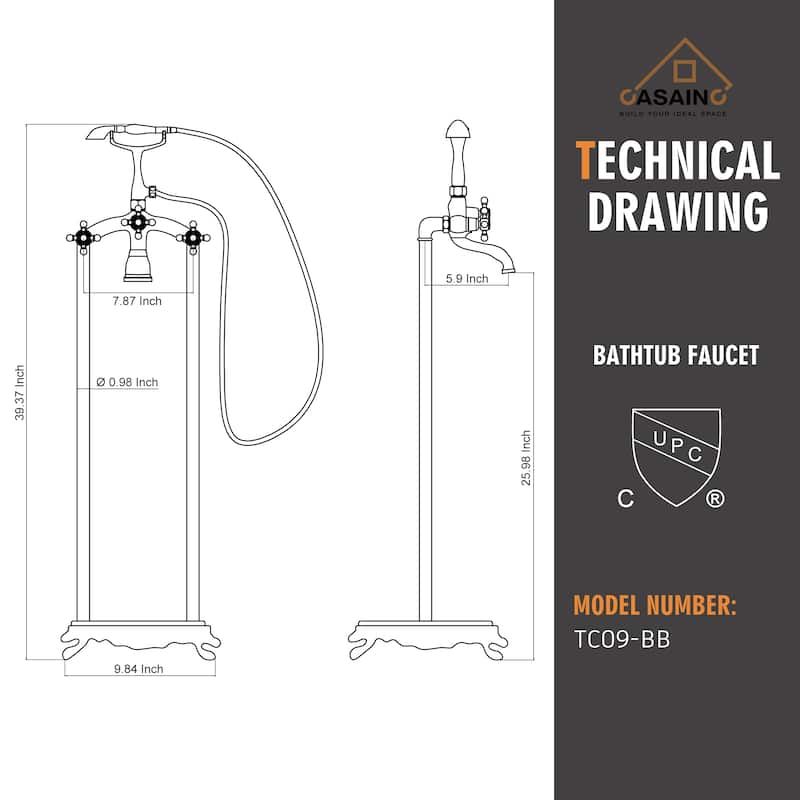 CASAINC 2-Function Free Standing Bathtub Faucet with 360 Degree Swivel Spout