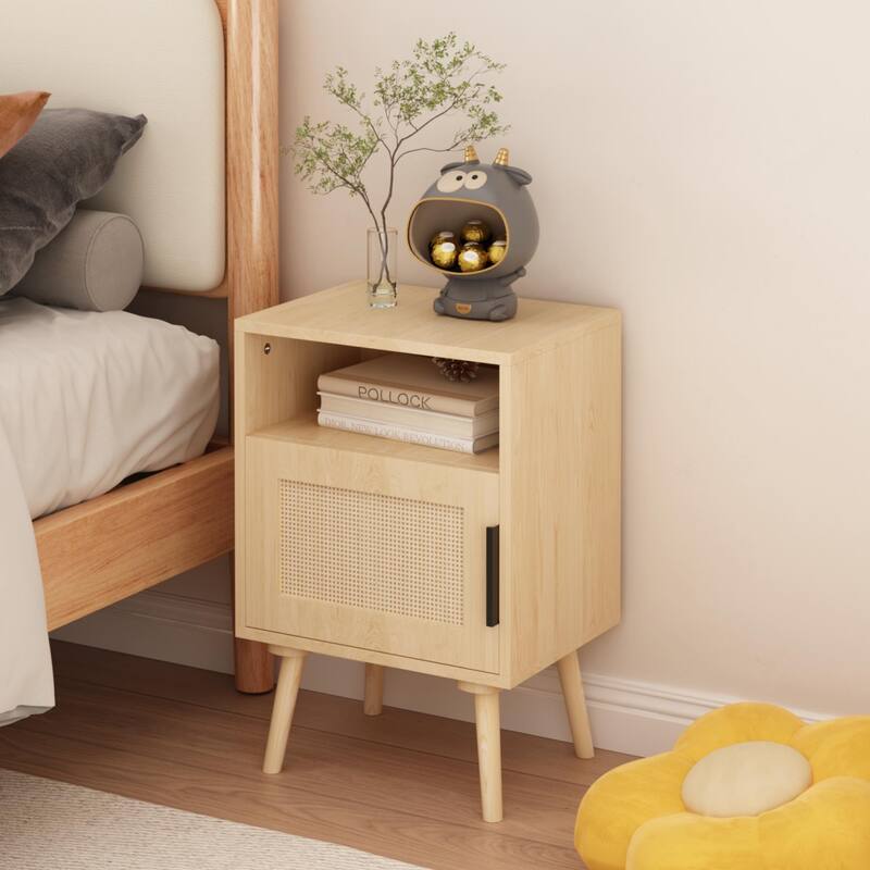 Anmytek Wood Rattan Nightstand Side Table with Door Open Shelf Nordic Bedroom Table Small Space Furniture