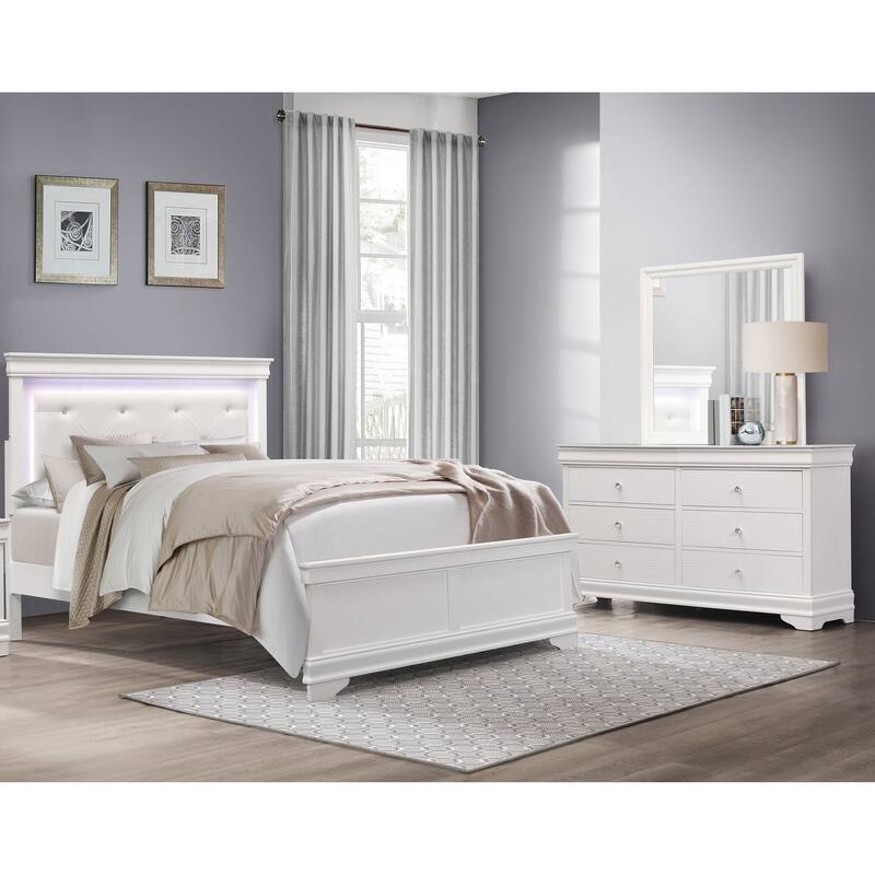 Glam White Bedroom Set 3pc Upholstered LED Bed Dresser Mirror
