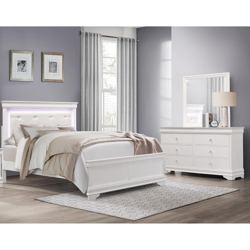 Glam White Bedroom Set 3pc Upholstered LED Bed Dresser Mirror