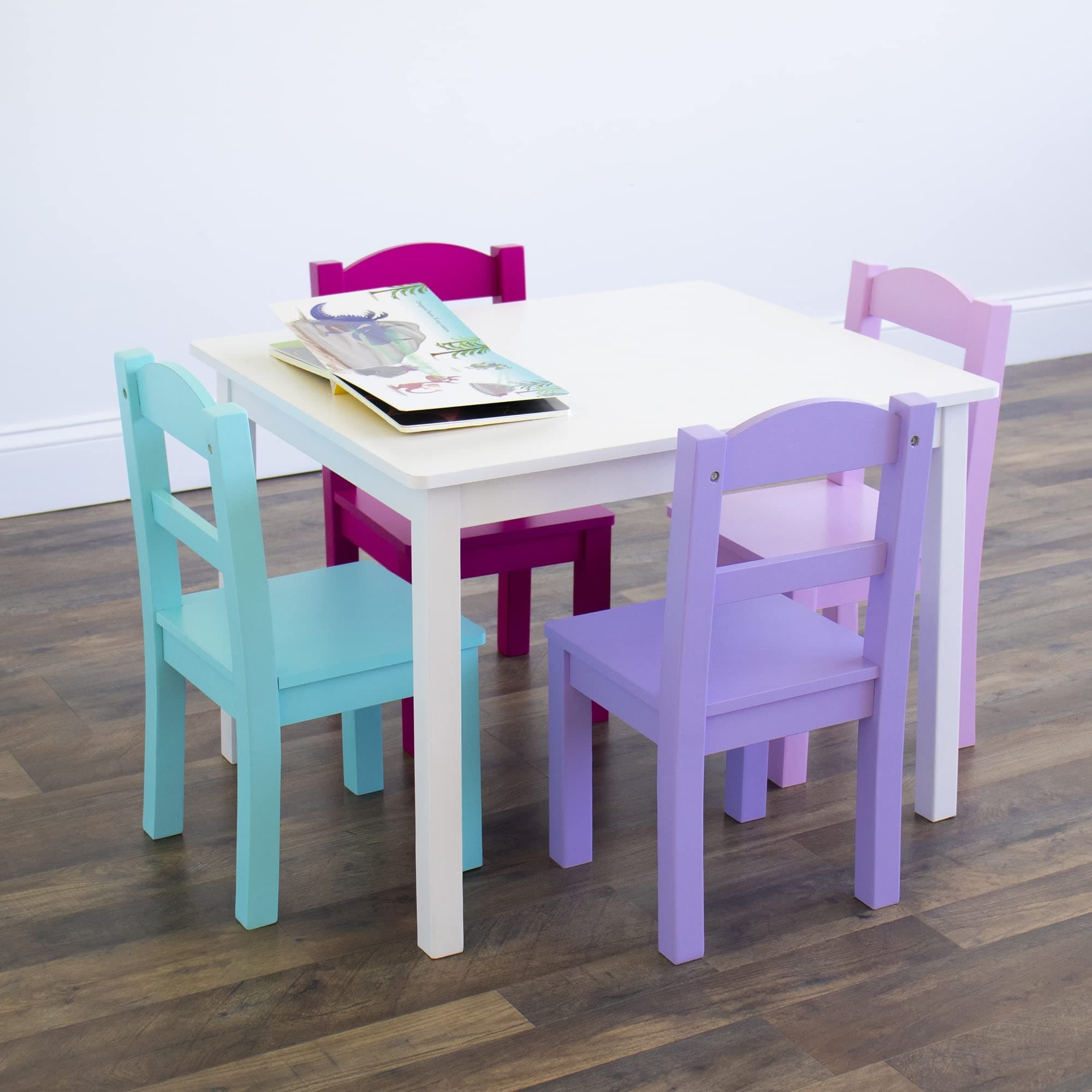 Tot Tutors Wood Table 4 Chairs Set White Pink Purple Forever