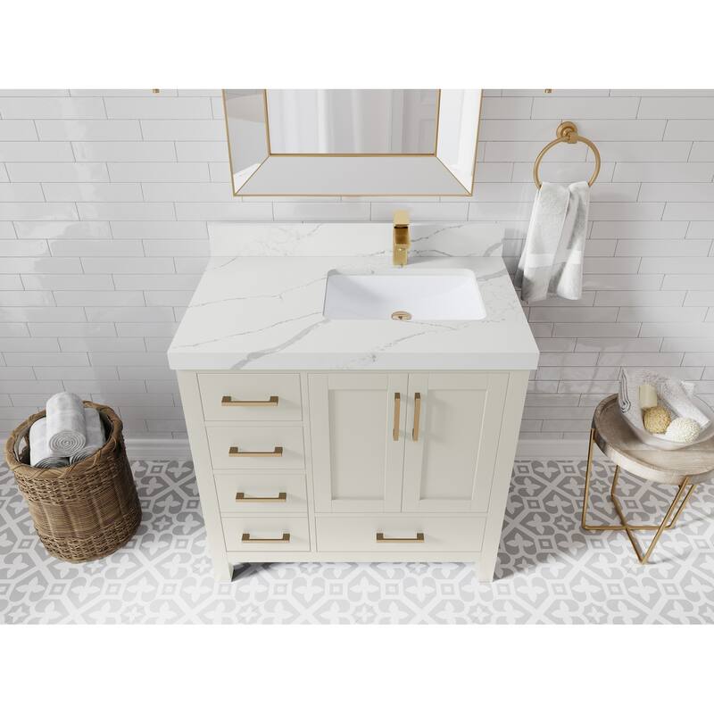 Willow Collections 36 in. W x 22 in. D Malibu Right Offset Sink Bathroom Vanity with Countertop - 2" Calacatta Laza - FineGrain