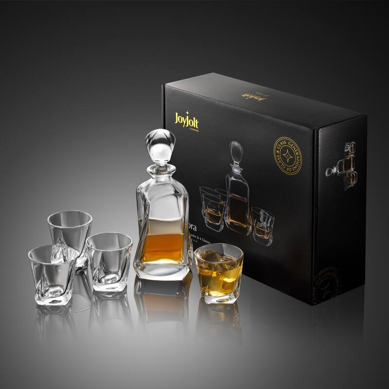 JoyJolt Aurora Non-Leaded Crystal 5 Piece Whiskey Decanter Set, Scotch Decanter with 4 Old Fashioned Glasses
