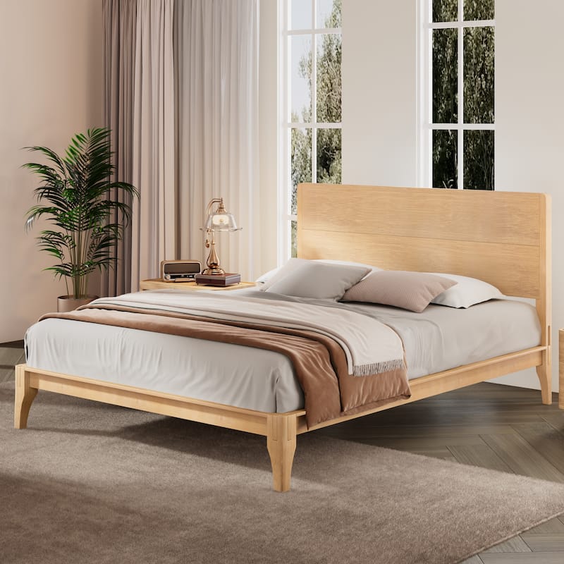 Bamboo Wood Platform Bed/Mid-Century Modern Bed Frame with Tall Headboard/Wood Slat Support/No Box Spring Needed/Easy Assembly