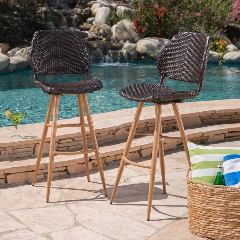 Roomfitters 2-Piece Outdoor Wicker Bar Stools, Modern Rattan Patio High Dining Chairs with Metal Legs and Footrest, Brown
