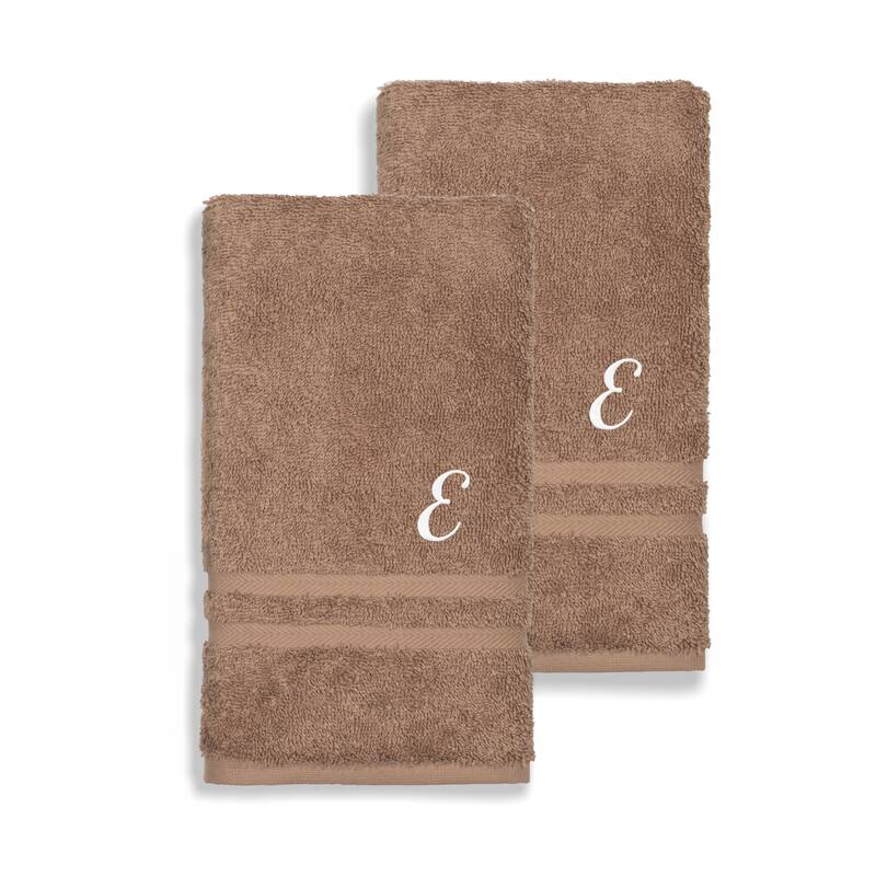 Authentic Hotel and Spa Omni Turkish Cotton Terry Set of 2 Latte Brown Hand Towels with White Script Monogrammed Initial - Brown/E