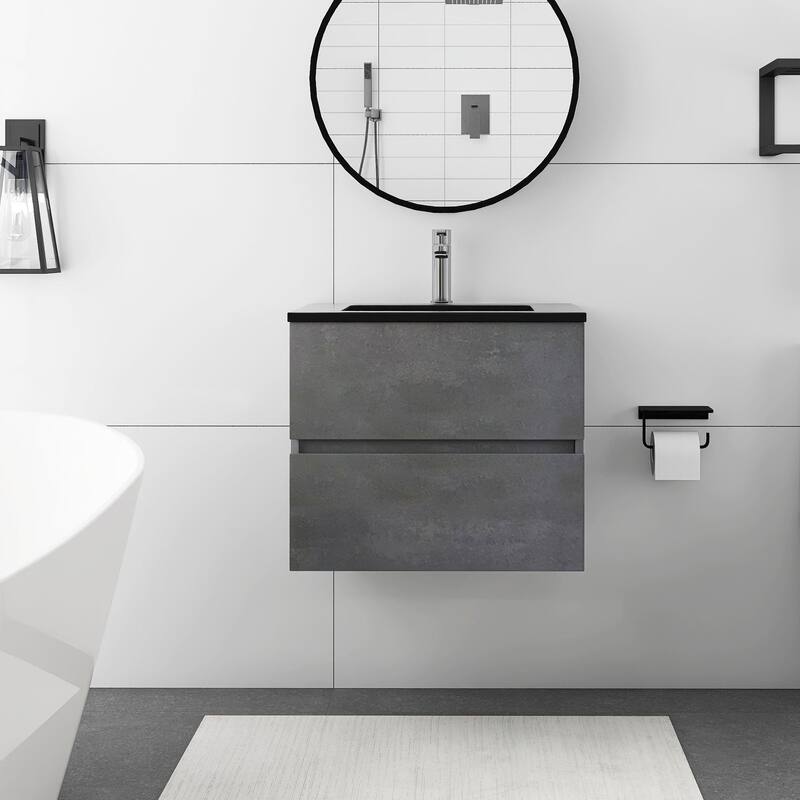 24 in./30 in./36 in. Wall-Mounted 2-drawer Bathroom Vanity Set in Cement Grey with Integrated Solid Surface Sink - 24"