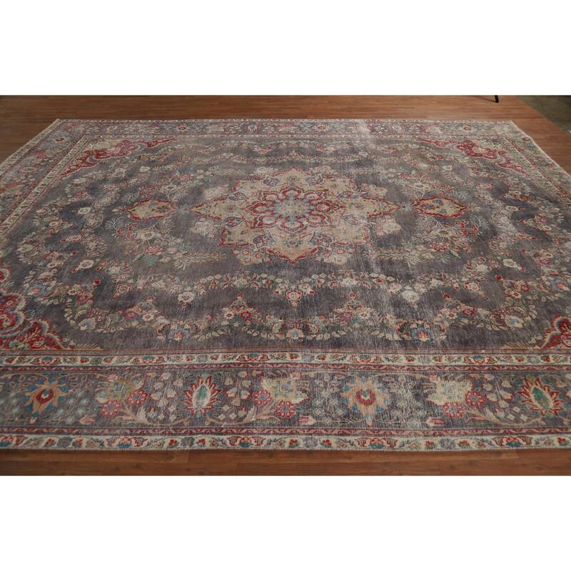 Vintage Navy Blue Tabriz Persian Area Rug Hand-Knotted Wool Carpet - 9'6" x 12'5"