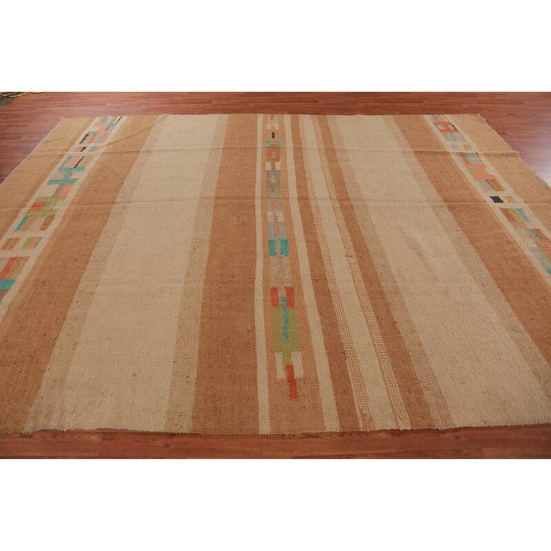 Hand Woven Oriental 100% Jute Carpet Modern Stripe Multi-Colored Kilim Area Rug - 12' 0'' X 8' 10''