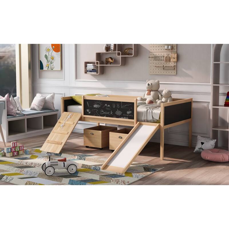 Twin Size Loft Bed with Two Storage Boxes, Climbing Frame, and Chalkboard