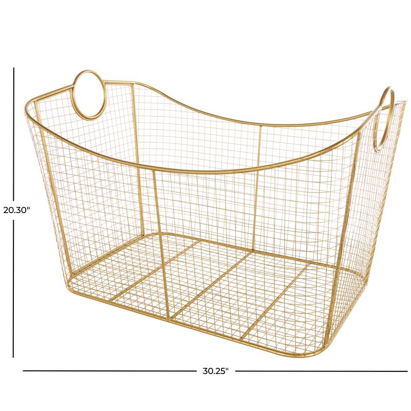 Gold Metal Wire Grid Storage Basket with Curved Edges Ring Handles