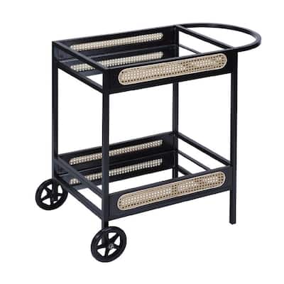 33 Inch Wood Serving Bar Cart with Mirrored Shelf, 2 Wheels, Handle, Black