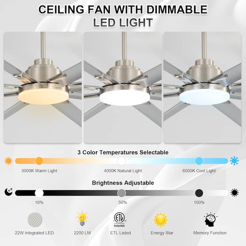 52"/66"/72"/76 Inch Modern Ceiling Fan with Dimmable LED Light ,Remote&APP Control,8 Blades for Large Living Room,Porch