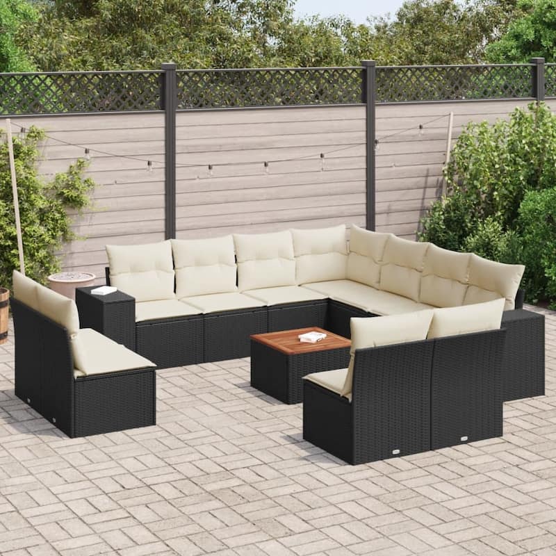 vidaXL Patio Sofa Set with Cushions Outdoor Furniture 12 Piece Poly Rattan - 21.7 x 21.7 x 14.6 - Black and cream Perfect for large outdoor spaces