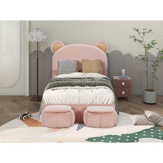 Twin Bed with Bear-Ear Headboard & Storage Stools