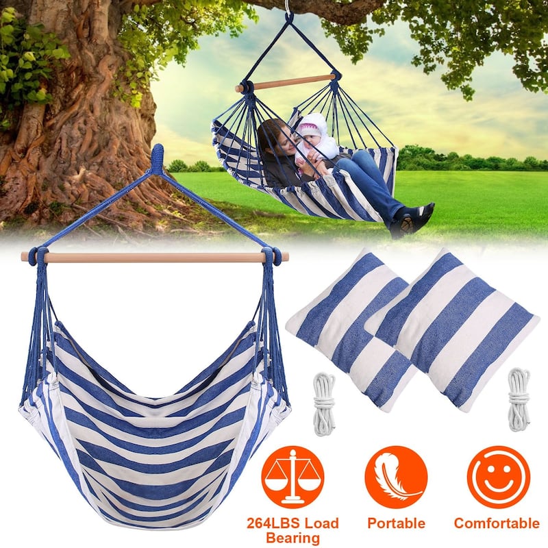 Cotton Canvas Swing Seat Hanging Hammock Chair with Pillows and Wooden Bar for Indoor or Outdoor - 39” x 51”