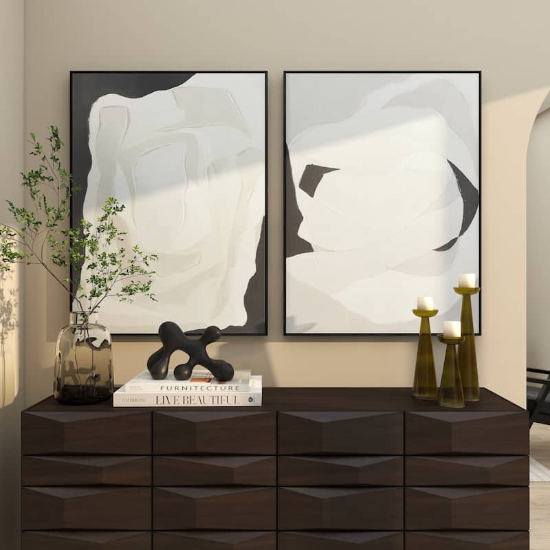 Canvas Abstract Framed Wall Art with Black Frame - Set of 2 White - Roche River Decor
