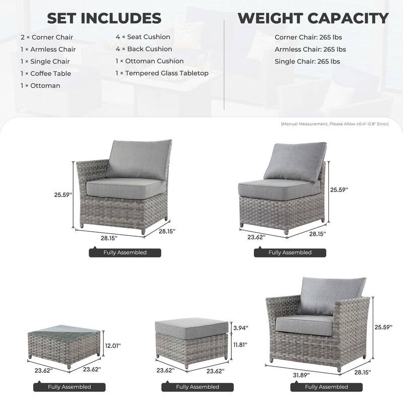 HOOOWOOO 6-piece Grey Rattan Patio Furniture Outdoor Sectional Set with Ottoman
