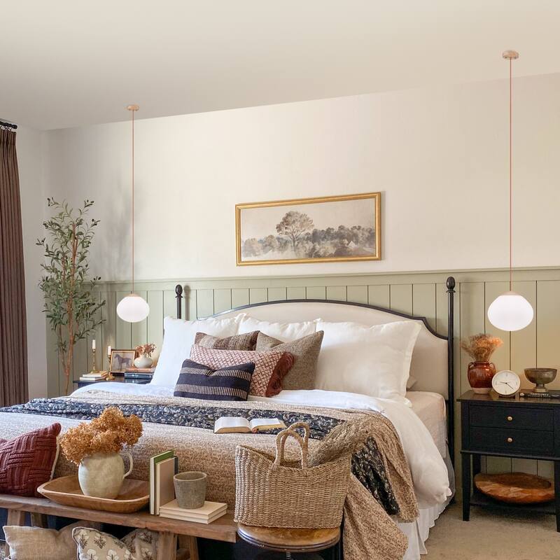 Modern Wood Pendant Light with White Glass Shade Kitchen Fixture - Dia.12.5-in