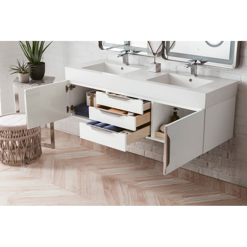 James Martin Vanities Mercer Island 59" Double Vanity, Glossy White with Brushed Nickel Hardware