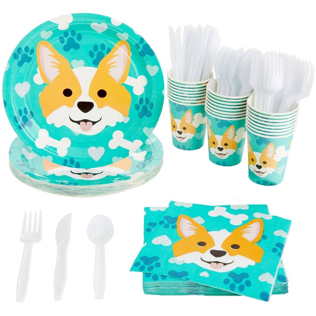 24-Pack Dog Birthday Party Supplies with Corgi Paw Puppy Design