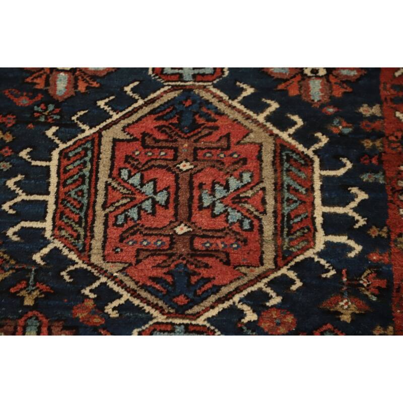 Hand Knotted Oriental 100% Wool Carpet Traditional Tribal Navy Blue & Blues Heriz (serapi) Runner Rug - 14' 5'' X 3' 1''