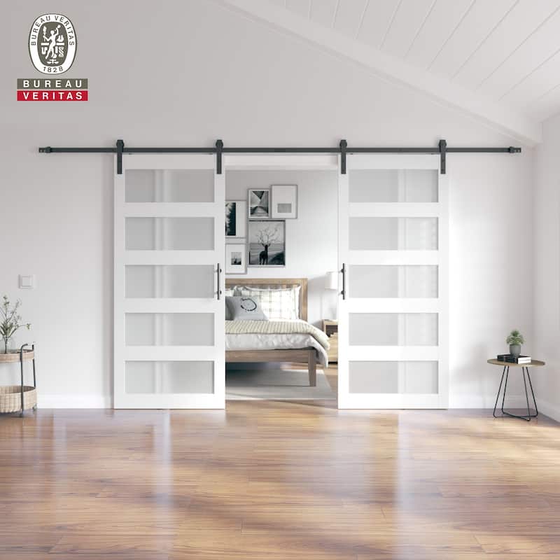 Sanding 30in./36in./42in.x 84in. 5 Frosted Glass White/Grey PVC Surface MDF Sliding Barn Door With Hardware Kit