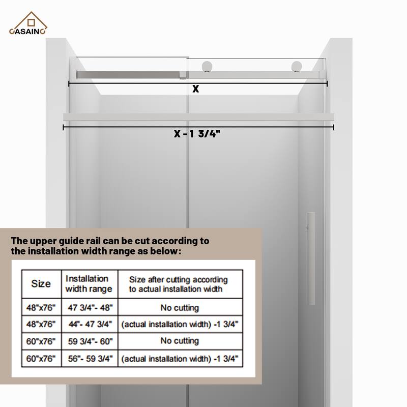 CASAINC 48 in. W x 76 in. H Sliding Frameless Shower Door with SGCC Certification