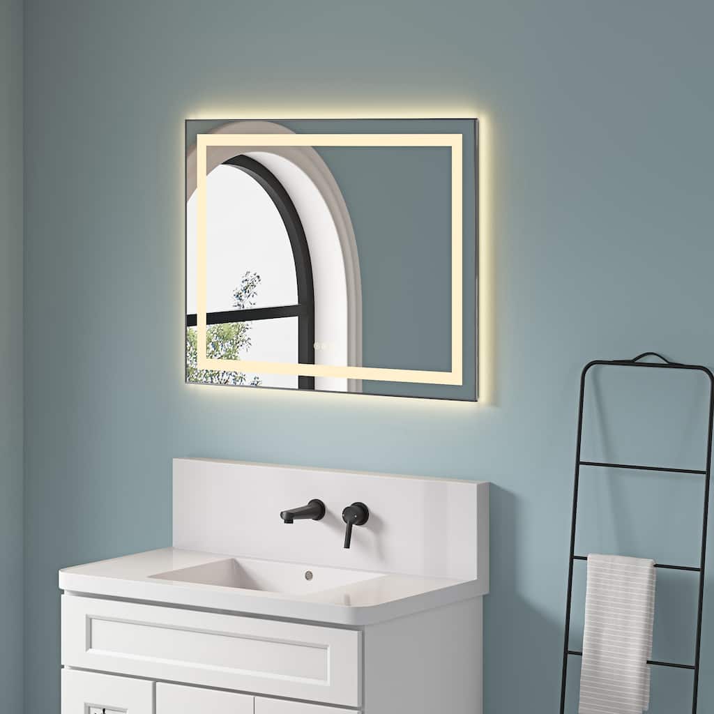36"x28" LED Bathroom Mirror with Front and Backlight, Wall Mounted Vanity Mirror with Aluminum Frame, Anti-Fog
