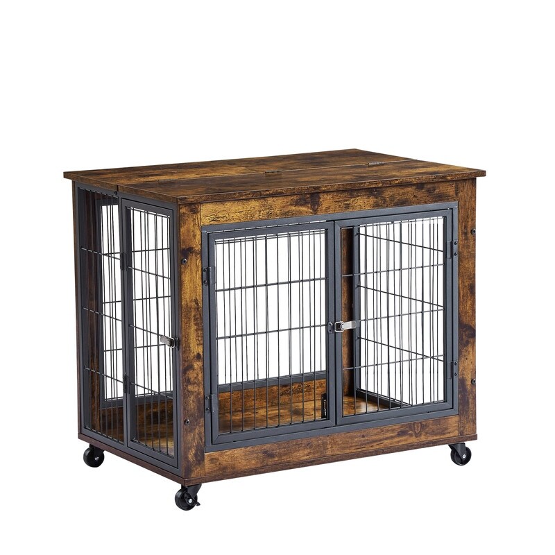 Furniture Dog Cage with Double Doors Moveable Dog House with