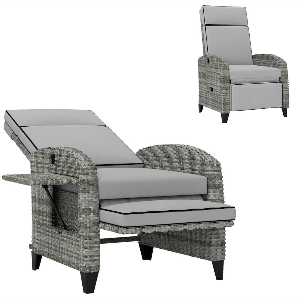 Outdoor Patio Recliner Chair with Footrest and Pop Out Table PE Wicker Cushioned Lounger for Garden Backyard and Poolside
