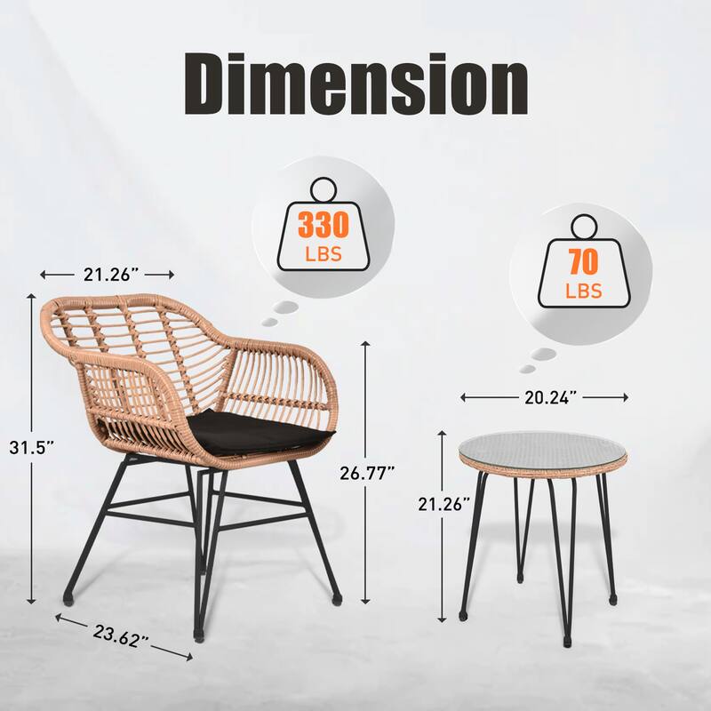 Outdoor Wicker Chairs Conversation Set with Cushions (Set of 3) - 21.26''L x 23.62''W x 31.5''H