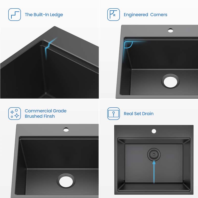 25" Top-Mount Workstation Single Bowl Quartz Kitchen Sink
