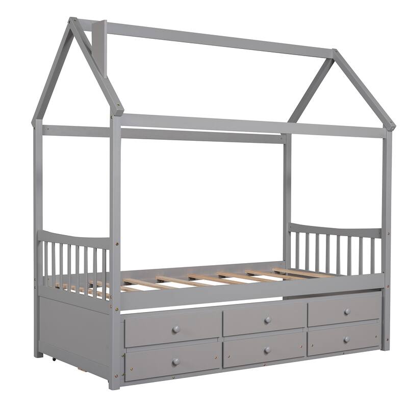 Twin Wooden House Bed with Pull-Out Trundle and Additional Drawers