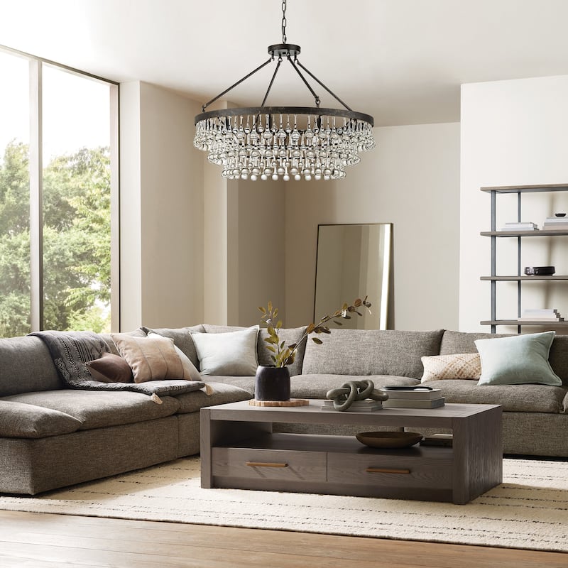 10-Light 31.5" Modern Glam Distressed Black Round Crystal Chandelier for Living Room 3-Tier Large Pendant Lighting