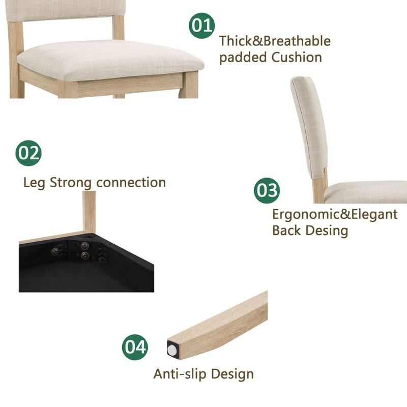 Modern Dining Table Set with Linen-Padded Seats and Backrests, for Living Rooms Kitchens, 4-Piece Set, Light Oak + Beige