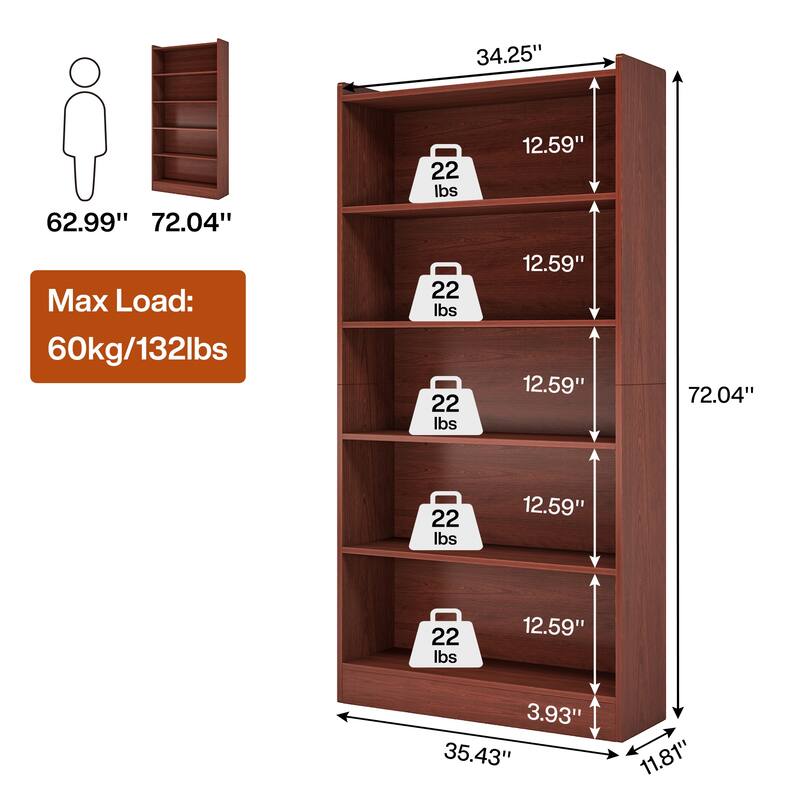 72-inch Bookcase, Modern 6-Tier White Bookshelf, Wood Display Shelf