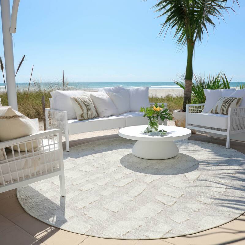 Machine Washable Indoor/ Outdoor Chantille Modern Abstract Rug - Ivory - 8' x 8'