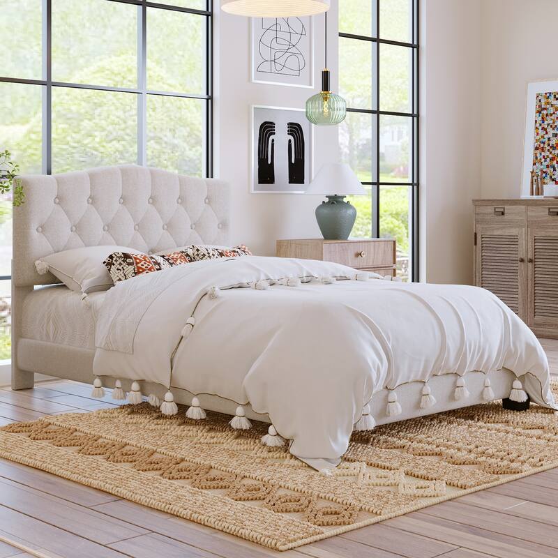 Beige Upholstered Low Profile Platform Bed Frame Saddle Curved Headboard Wingback Bed with Diamond Tufted Details Panel Bed - Beige - Full