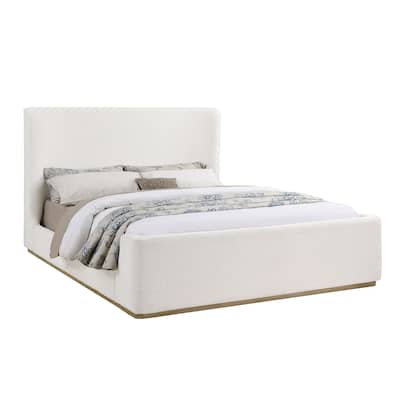 Upholstered Sleigh Bed with Wood Finish Trim in Cream
