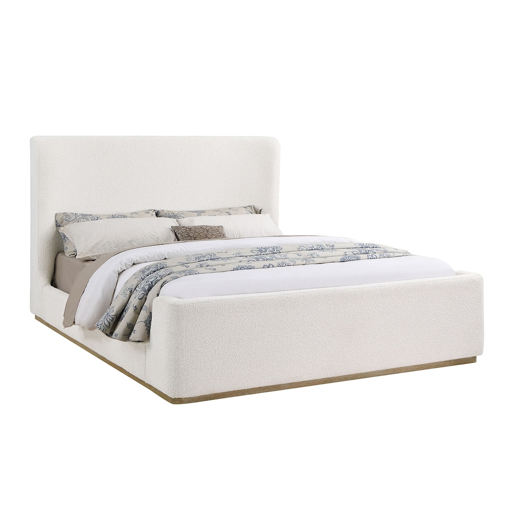 Upholstered Sleigh Bed with Wood Finish Trim in Cream